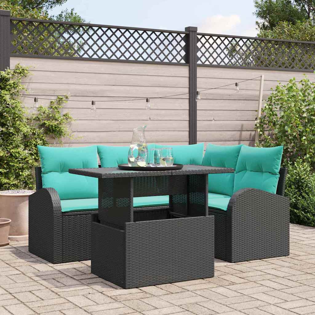 Havesofa Sæt med pude med opbevaring 5 pcs Sort Poly rattan