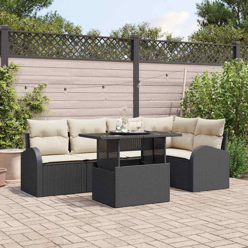 Havesofa Sæt med pude med opbevaring 6 pcs Sort Poly rattan