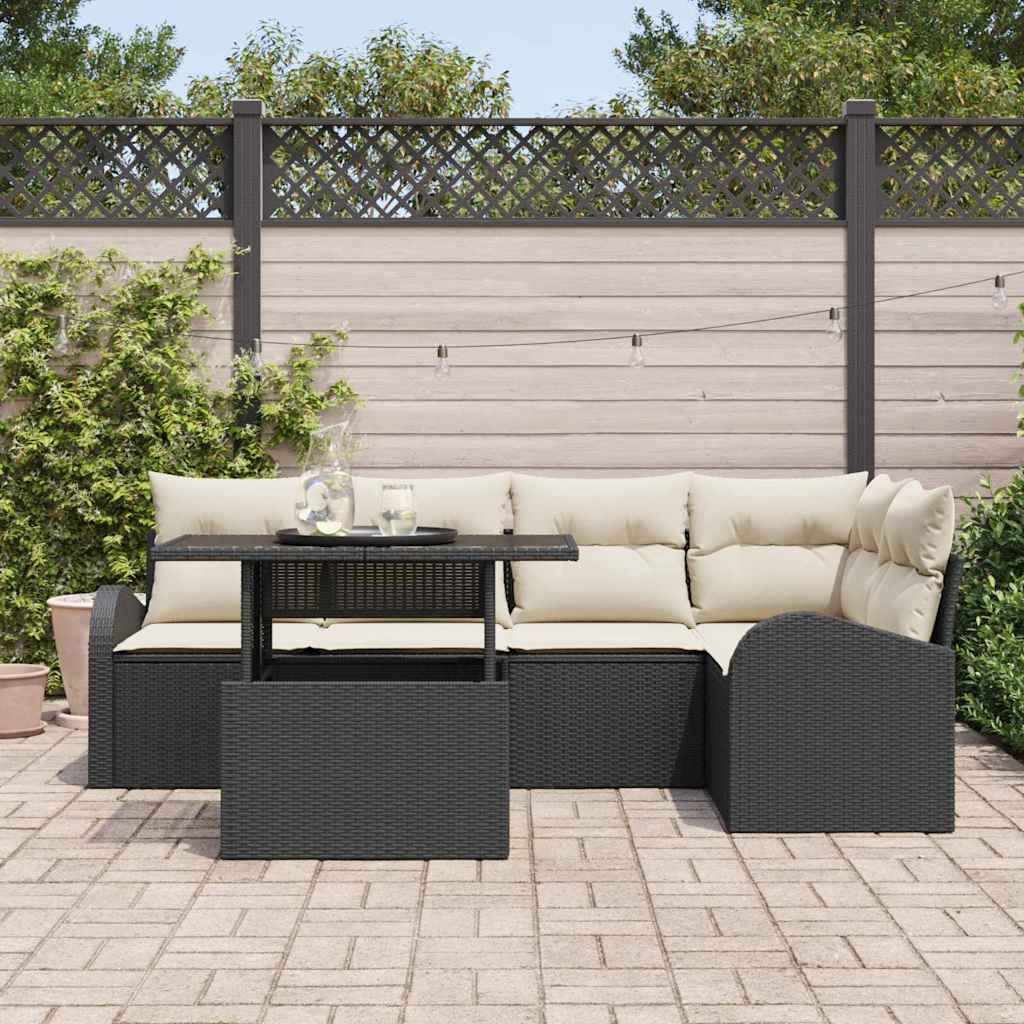 Havesofa Sæt med pude med opbevaring 6 pcs Sort Poly rattan