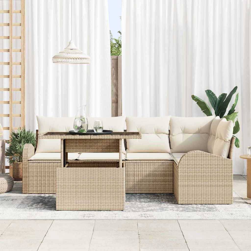Havesofa Sæt med pude med opbevaring 6 pcs Beige Poly rattan