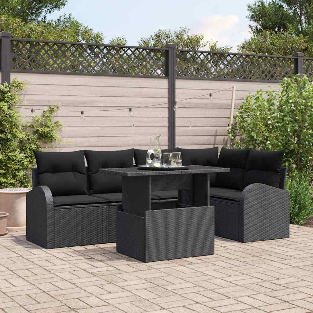 Havesofa Sæt med pude med opbevaring 6 pcs Sort Poly rattan