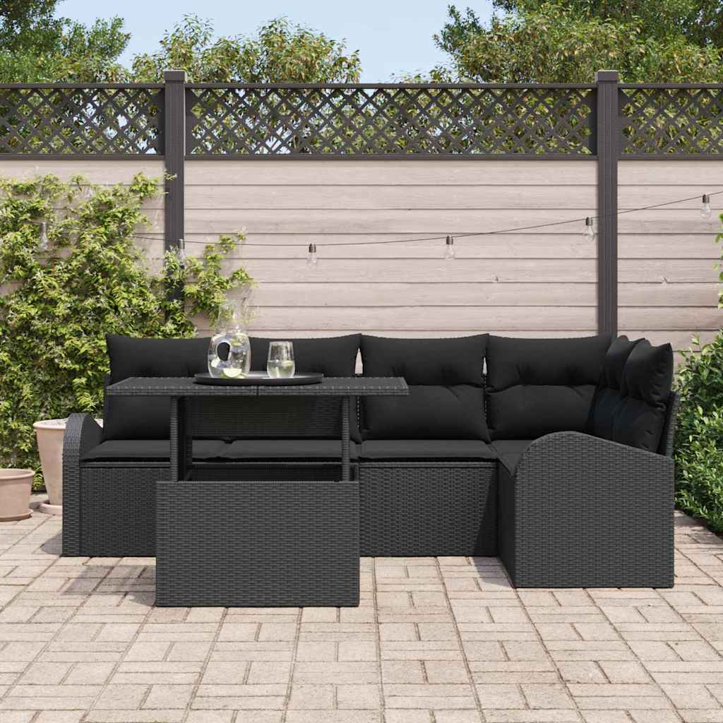 Havesofa Sæt med pude med opbevaring 6 pcs Sort Poly rattan