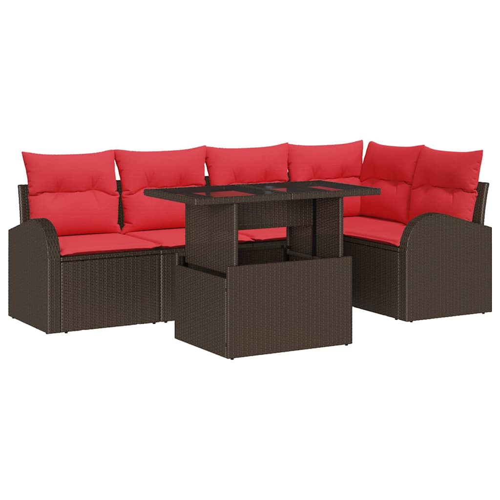 Havesofa Sæt med pude med opbevaring 6 pcs Brun Poly rattan