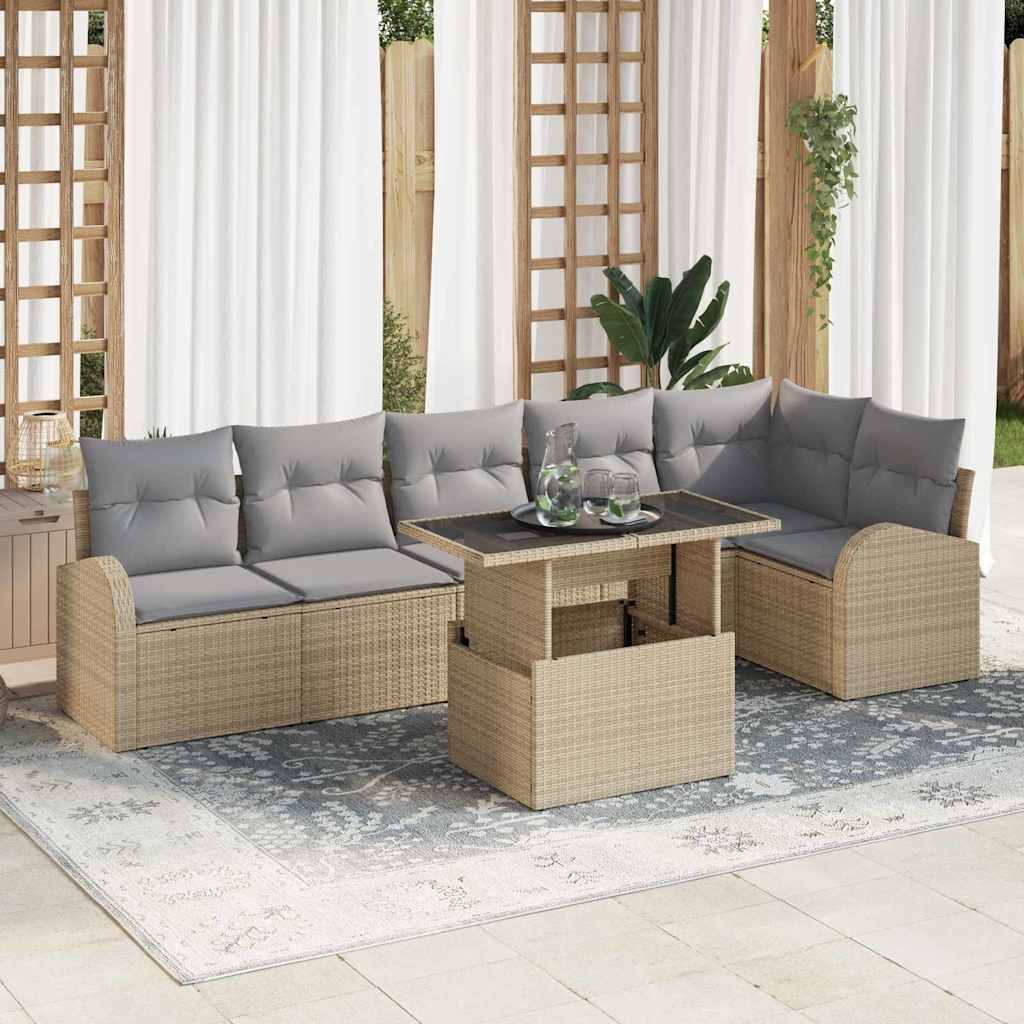 Havesofa Sæt med pude med opbevaring 7 pcs Beige Poly rattan
