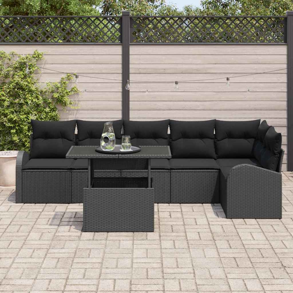 Havesofa Sæt med pude med opbevaring 7 pcs Sort Poly rattan