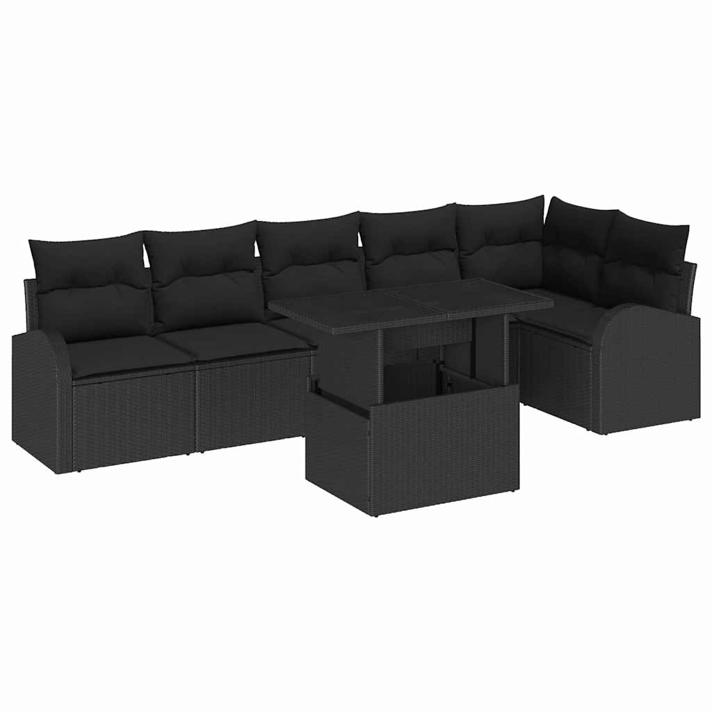 Havesofa Sæt med pude med opbevaring 7 pcs Sort Poly rattan