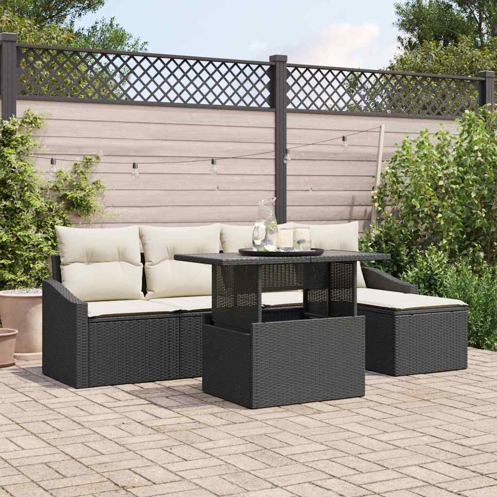 Havesofa Sæt med pude 6 pcs Sort og Cream polyrattan