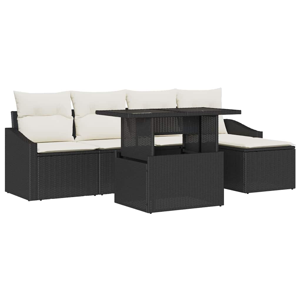 Havesofa Sæt med pude 6 pcs Sort og Cream polyrattan