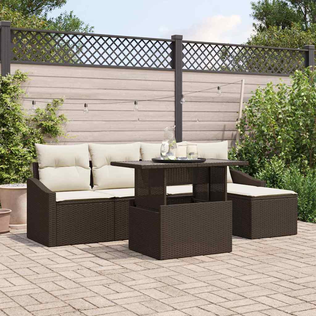 Havesofa Sæt med pude 6 pcs Brun og Creme polyrattan