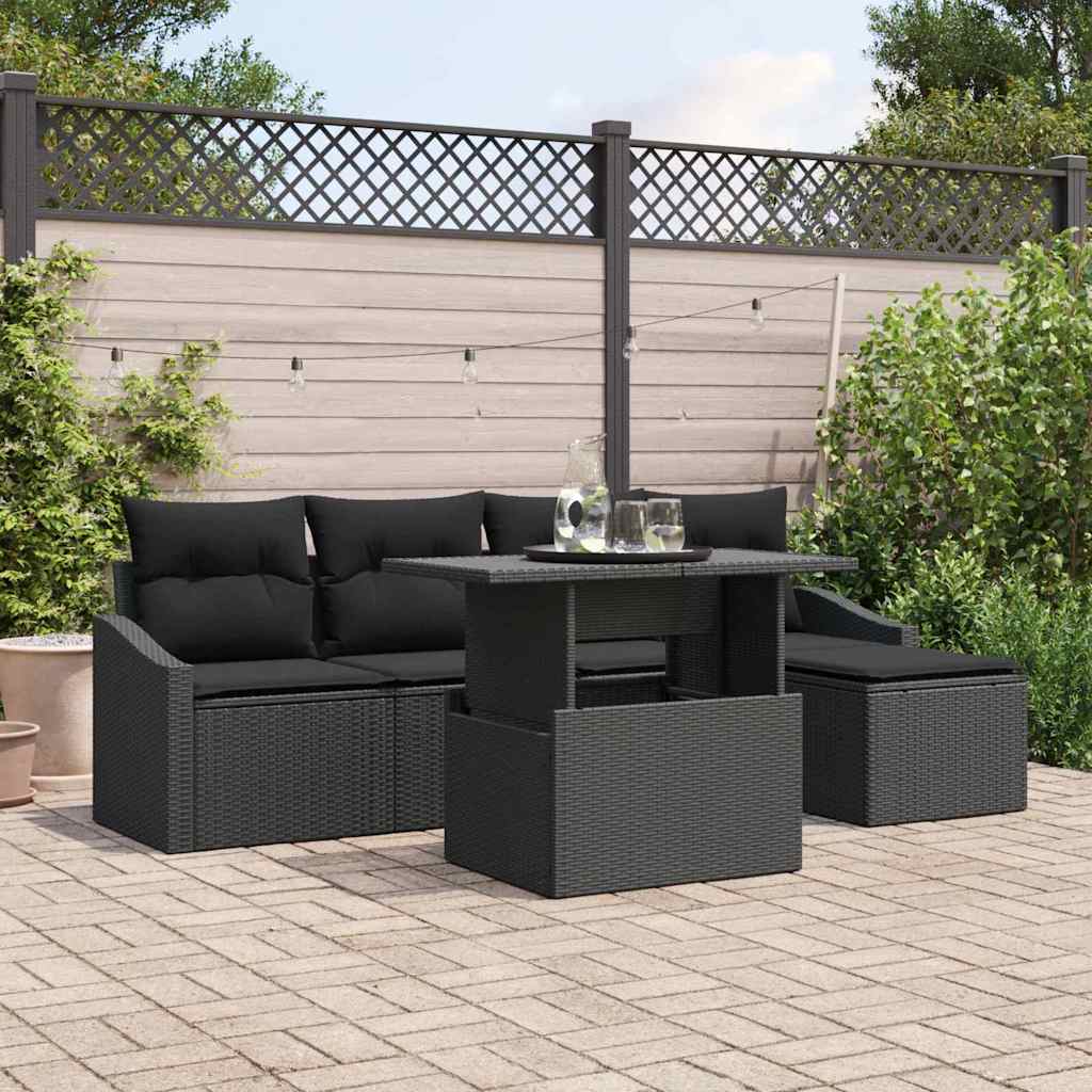 Havesofa Sæt med pude med opbevaring 6 pcs Sort polyrattan