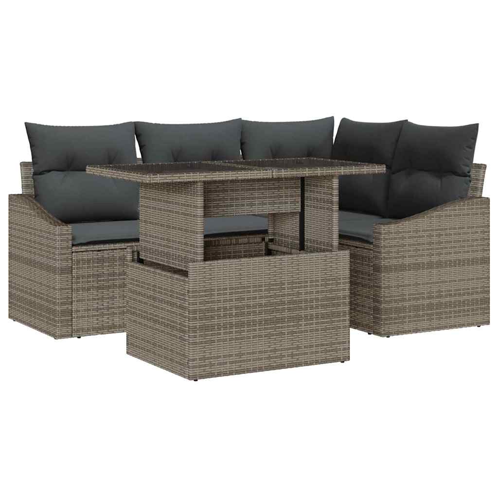 Havesofa Sæt med pude 5 pcs Grå polyrattan & Pulverlakeret stål