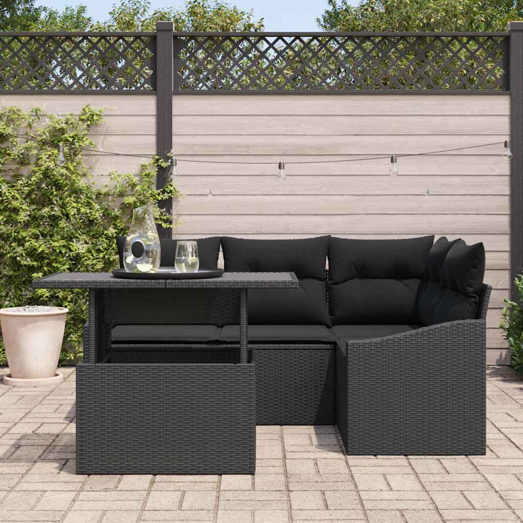 Havesofa Sæt 5 pcs Sort polyrattan & Pulverlakeret stål