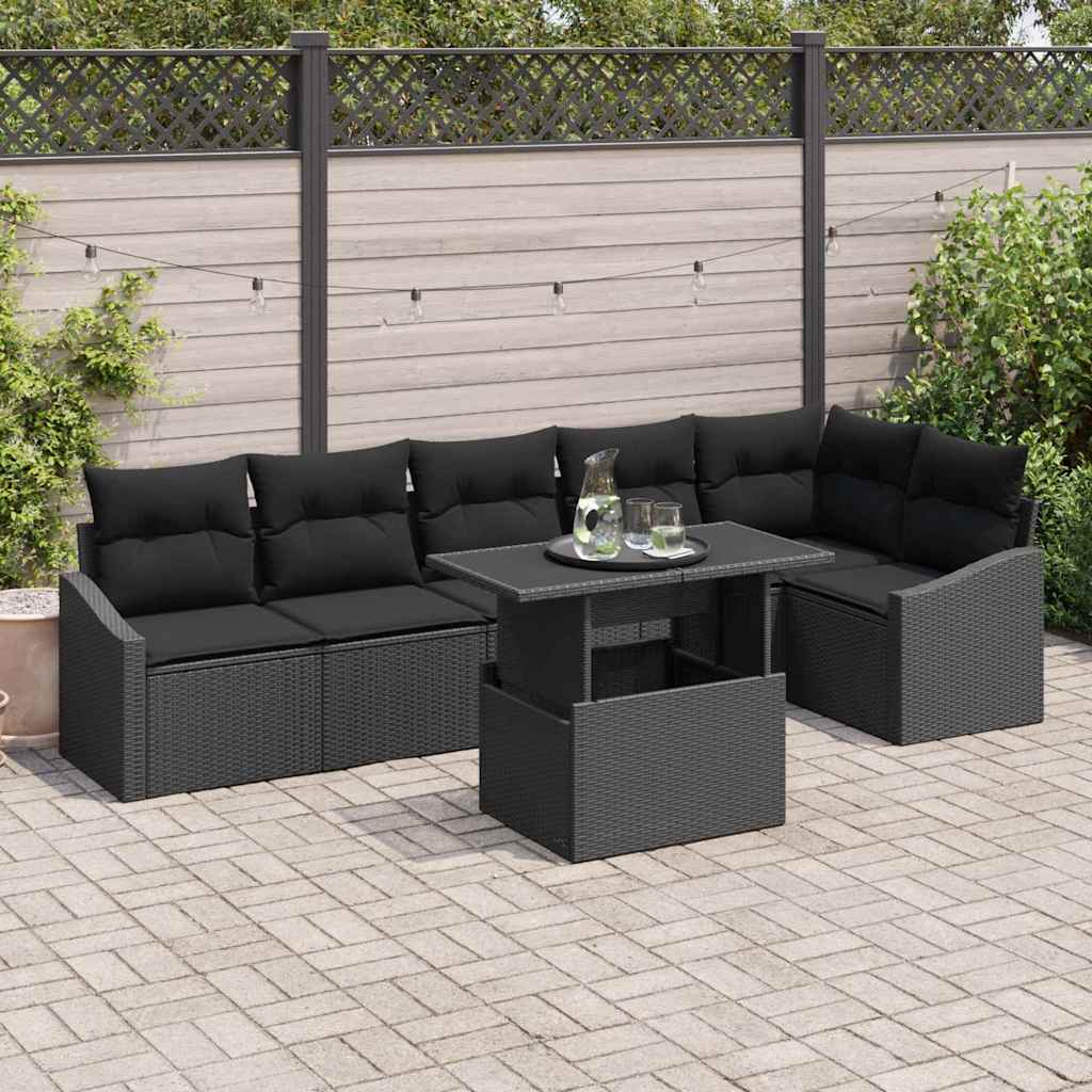 Havesofa Sæt 7 pcs Sort polyrattan & Pulverlakeret stål