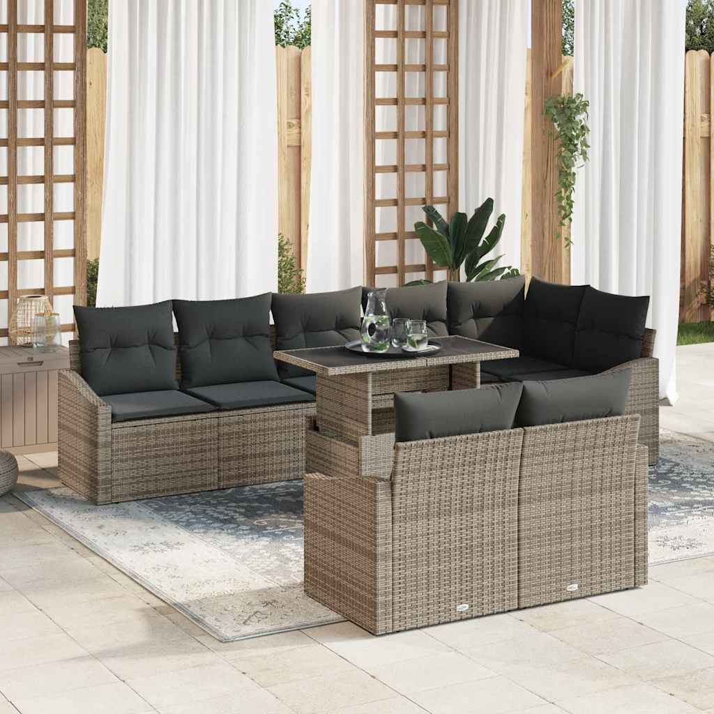 Havesofa Sæt med pude 9 pcs Grå polyrattan & Pulverlakeret stål