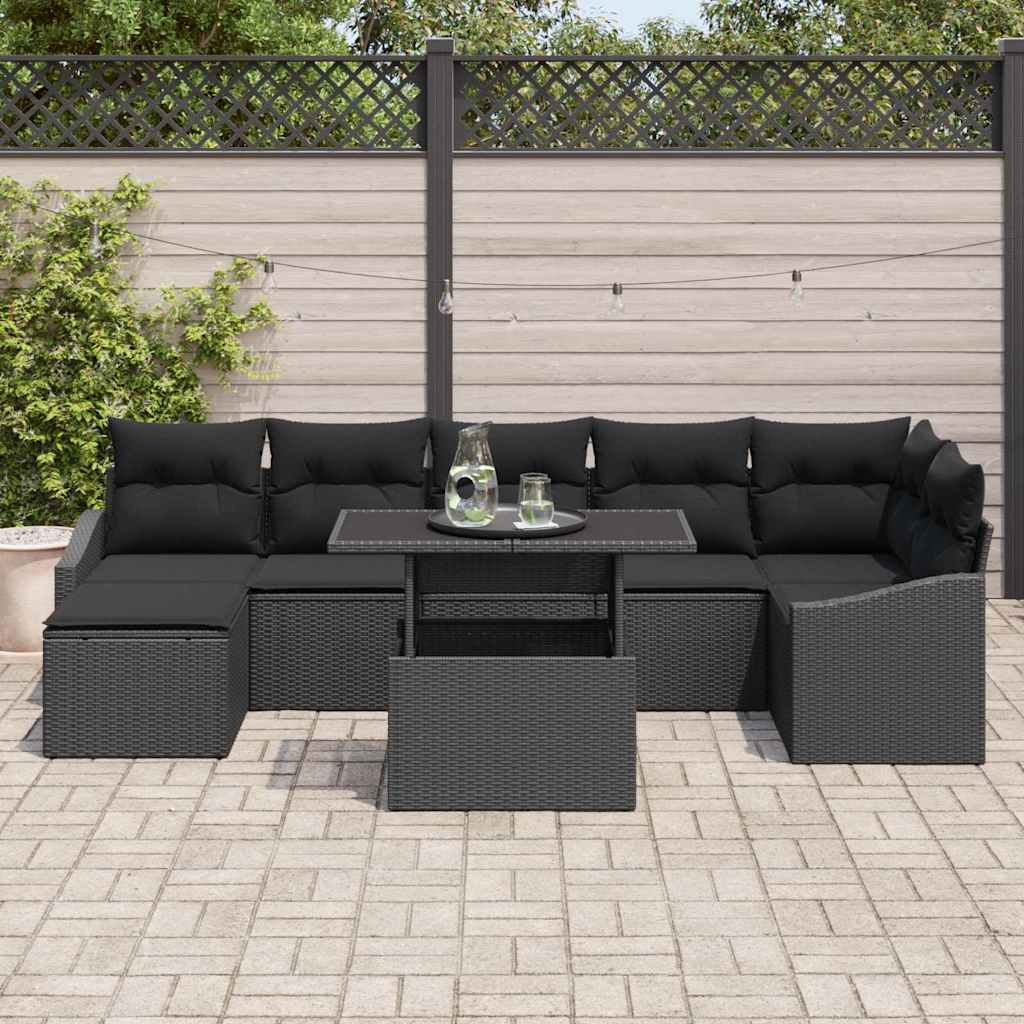 Havesofa Sæt 8 pcs Sort Poly Rattan og pulverlakeret stål
