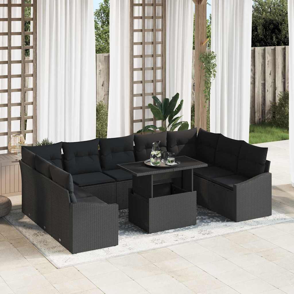 Havesofa Sæt 10 pcs Sort polyrattan & Pulverlakeret stål
