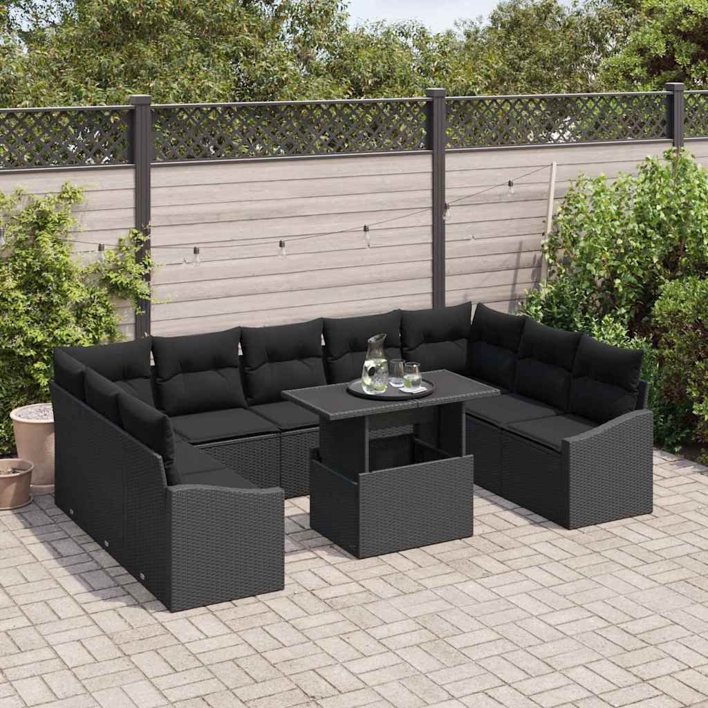 Havesofa Sæt 10 pcs Sort polyrattan & Pulverlakeret stål
