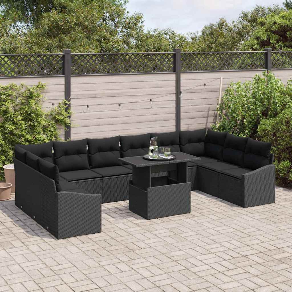 Havesofa Sæt 11 pcs Sort polyrattan & Pulverlakeret stål