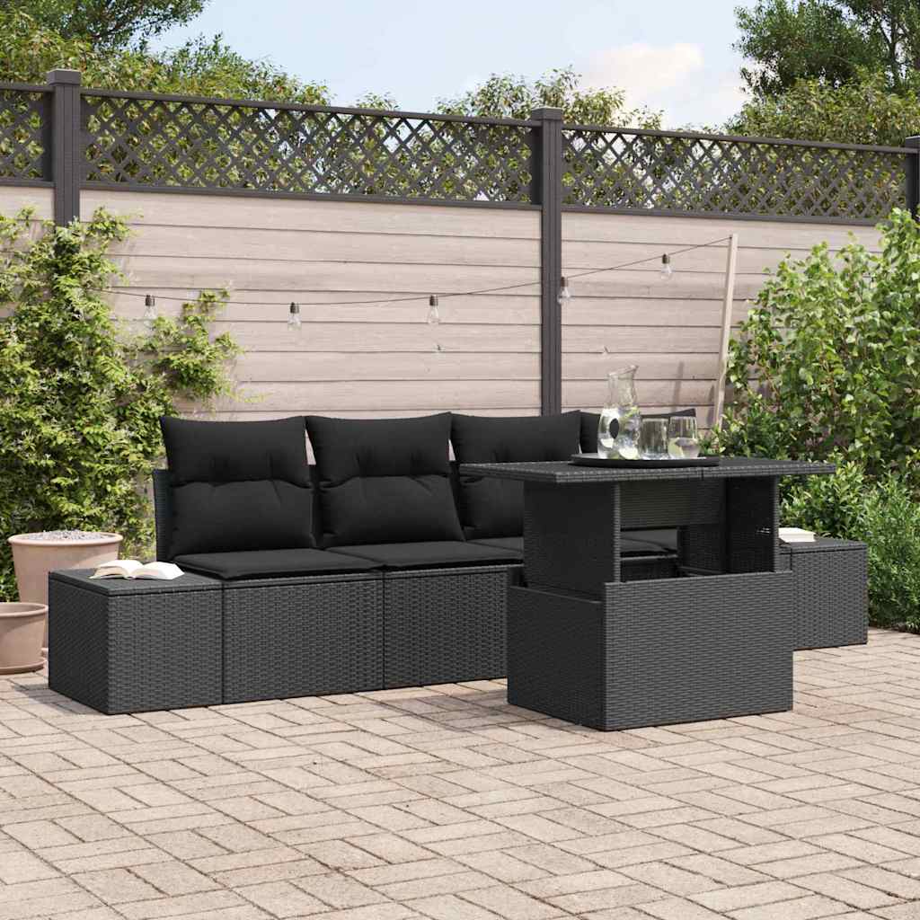 Havesofa Sæt 5 pcs Sort polyrattan & Pulverlakeret stål