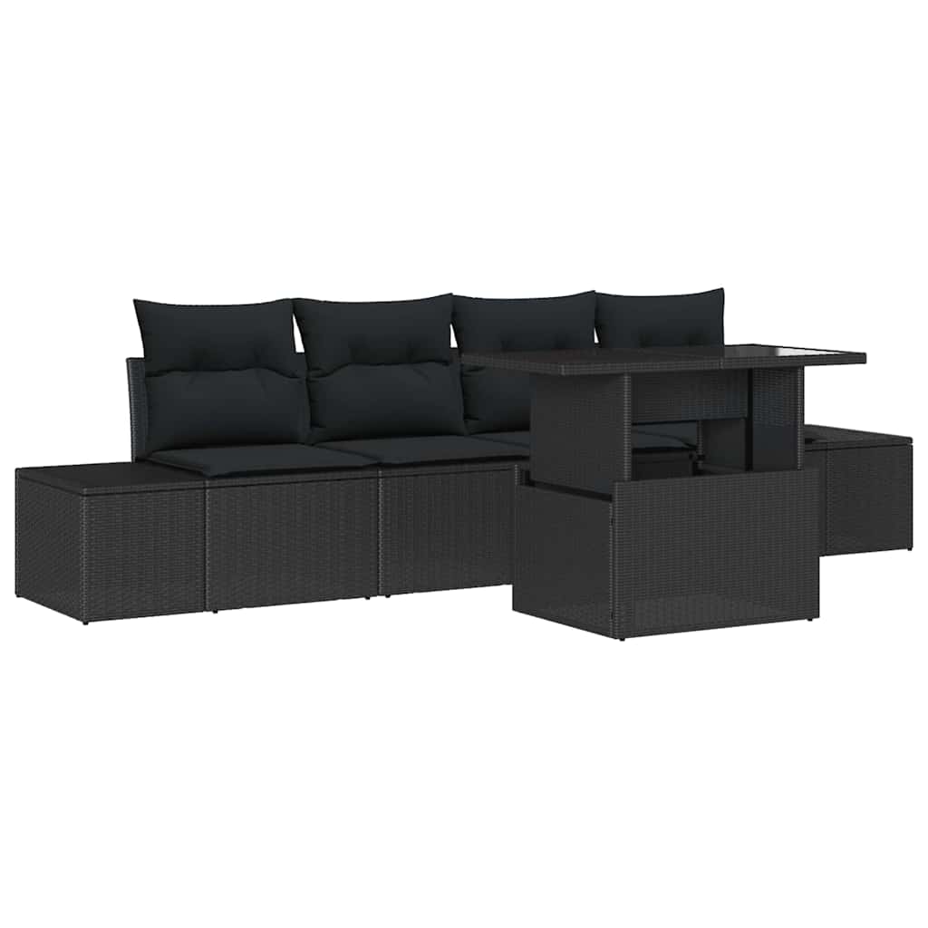 Havesofa Sæt 5 pcs Sort polyrattan & Pulverlakeret stål