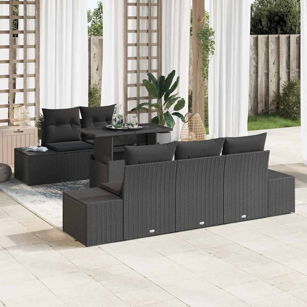 Havesofa Sæt 6 pcs Sort polyrattan & Pulverlakeret stål
