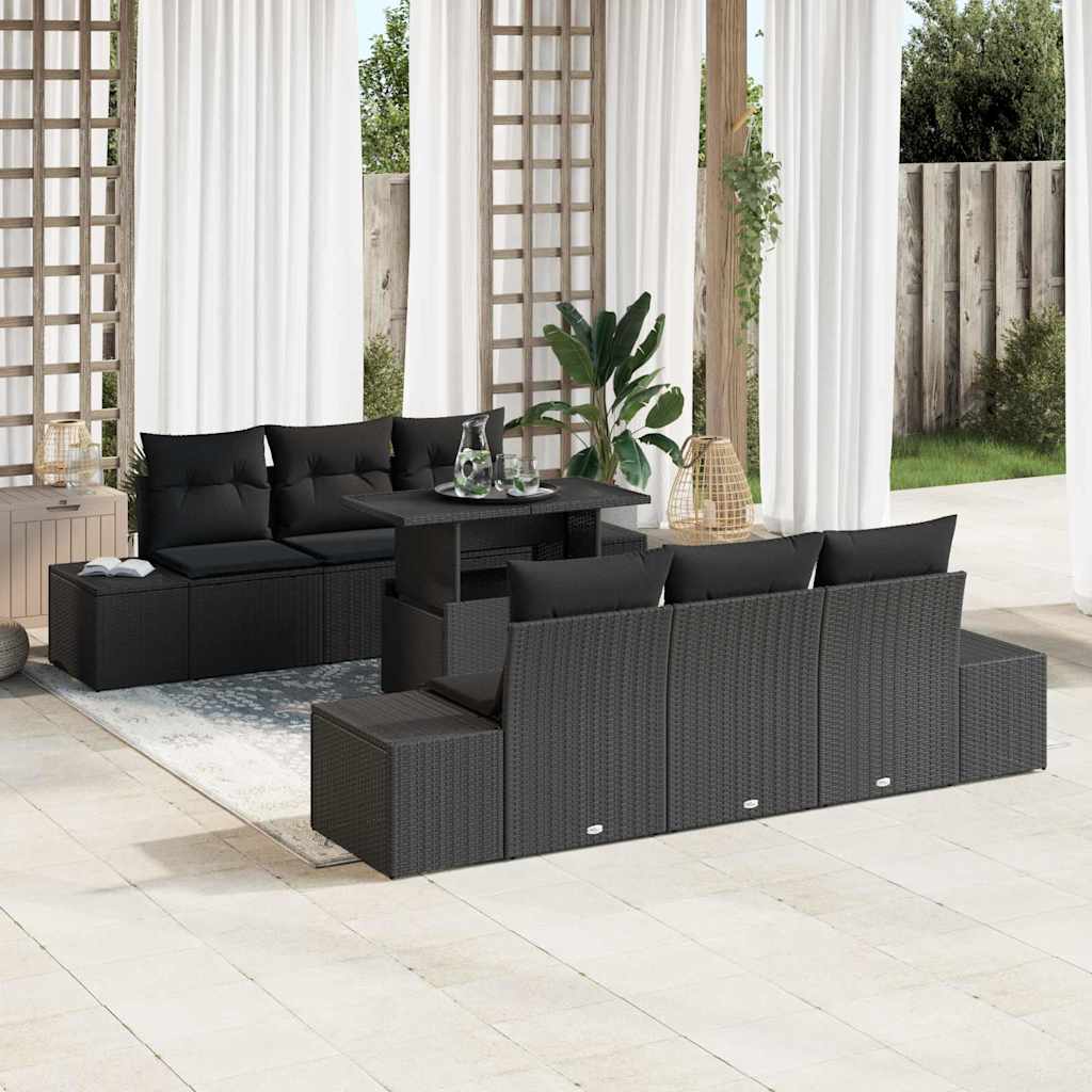 Havesofa Sæt 7 pcs Sort Poly Rattan og pulverlakeret stål