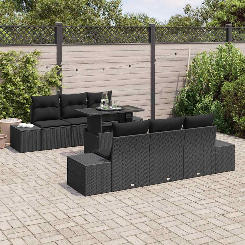 Havesofa Sæt 7 pcs Sort Poly Rattan og pulverlakeret stål