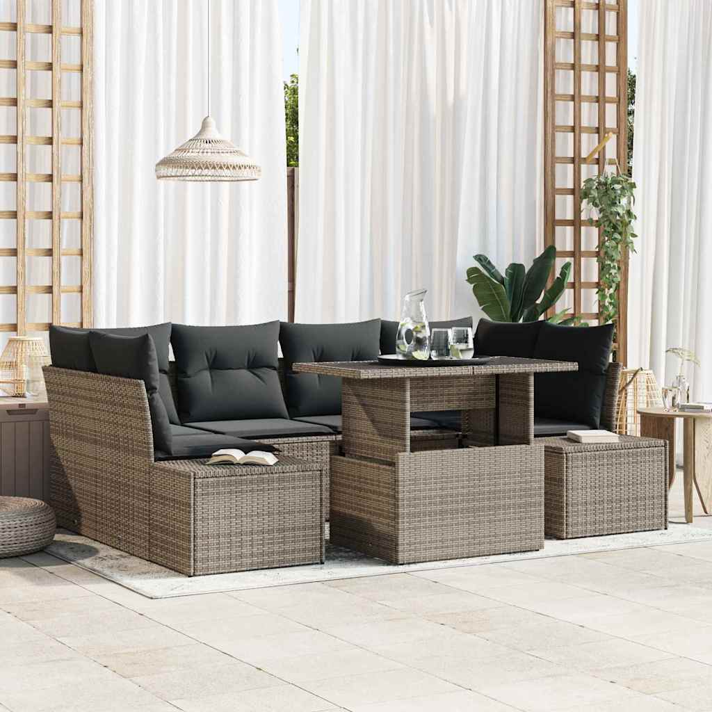 Havesofa Sæt 7 pcs Grå Poly Rattan og pulverlakeret stål