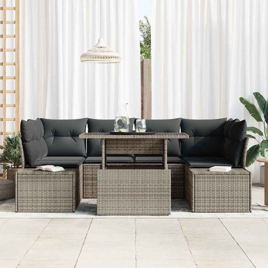 Havesofa Sæt 7 pcs Grå Poly Rattan og pulverlakeret stål