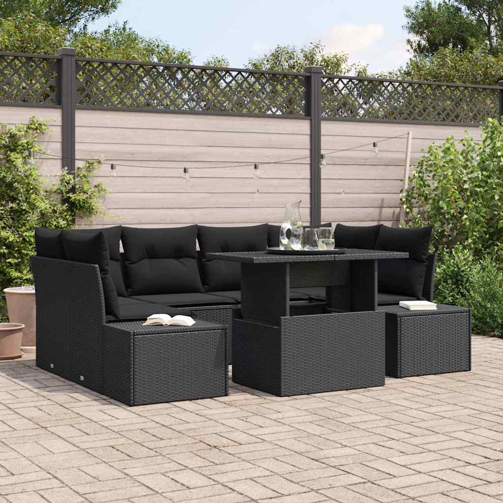 Havesofa Sæt 7 pcs Sort Poly Rattan og pulverlakeret stål