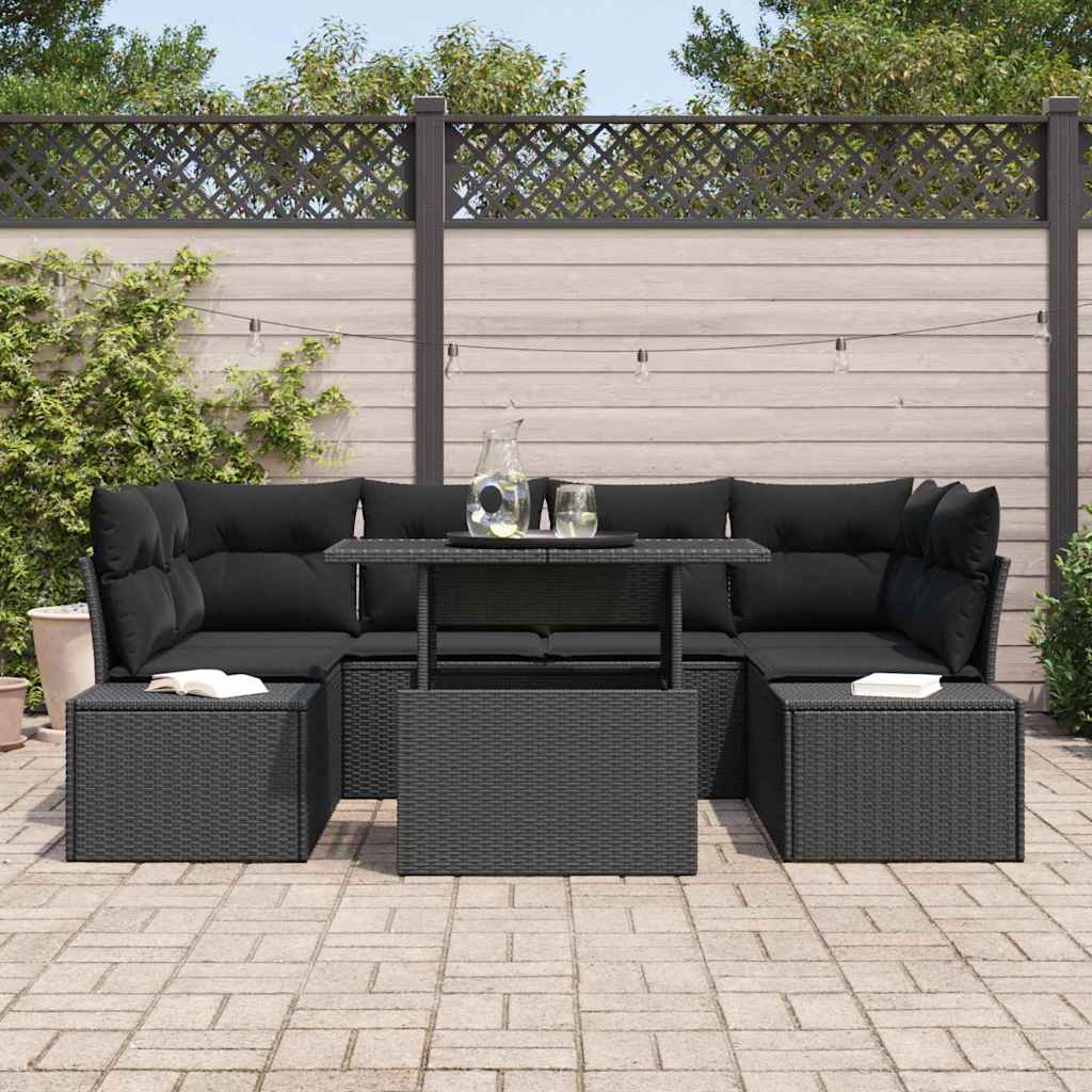 Havesofa Sæt 7 pcs Sort Poly Rattan og pulverlakeret stål