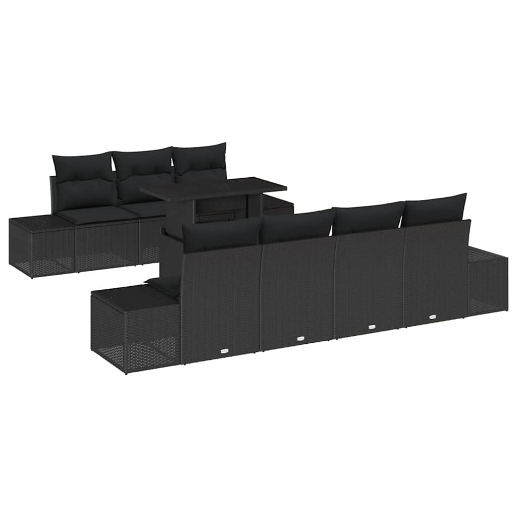 Havesofa Sæt 8 pcs Sort Poly Rattan og pulverlakeret stål