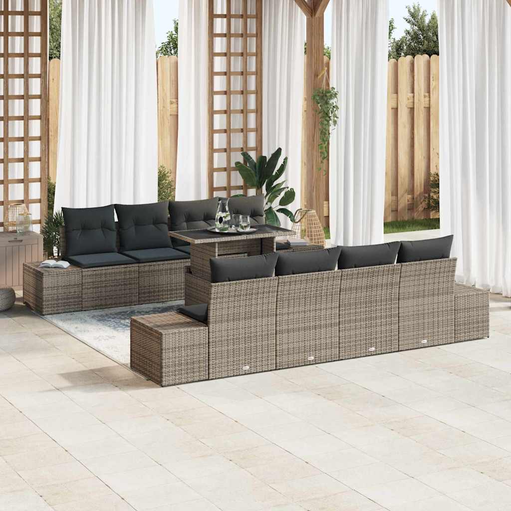 Havesofa Sæt 9 pcs Grå Poly Rattan og pulverlakeret stål