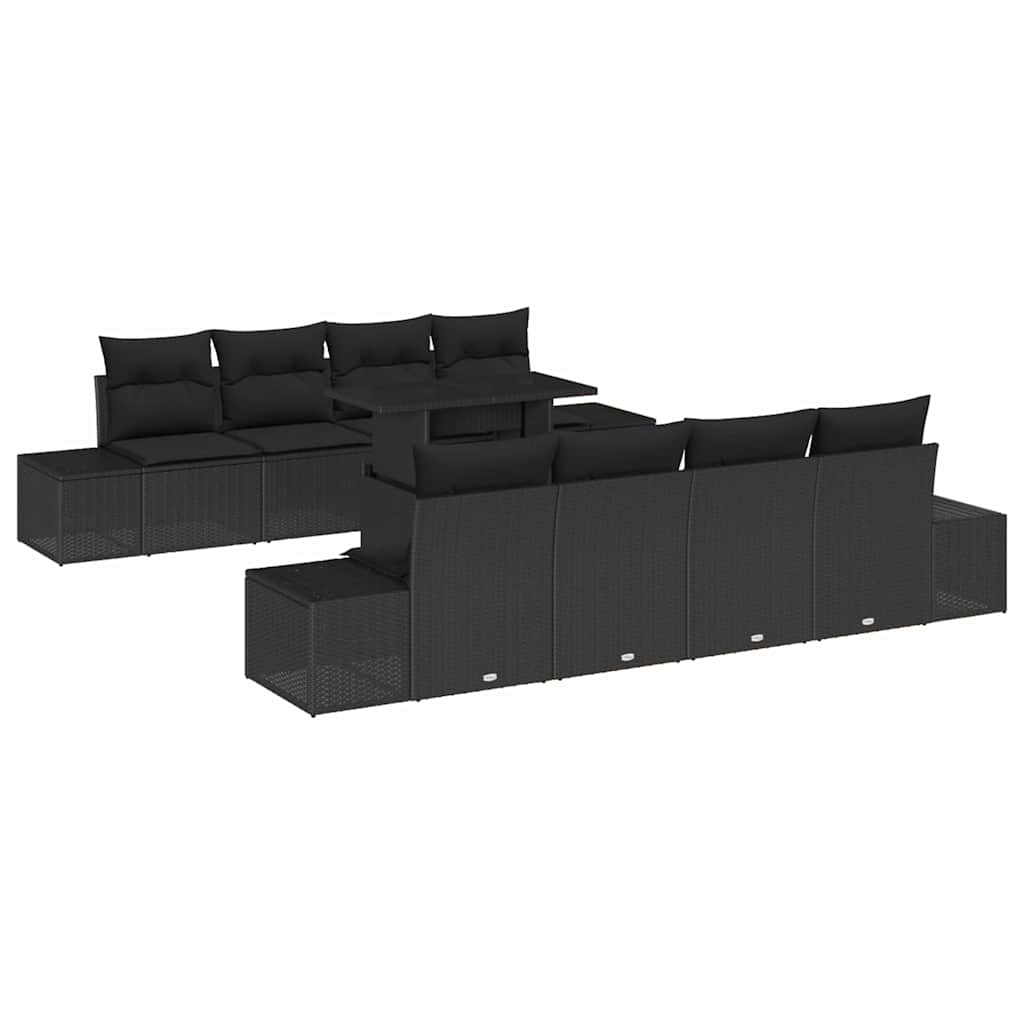 Havesofa Sæt 9 pcs Sort Poly Rattan og pulverlakeret stål