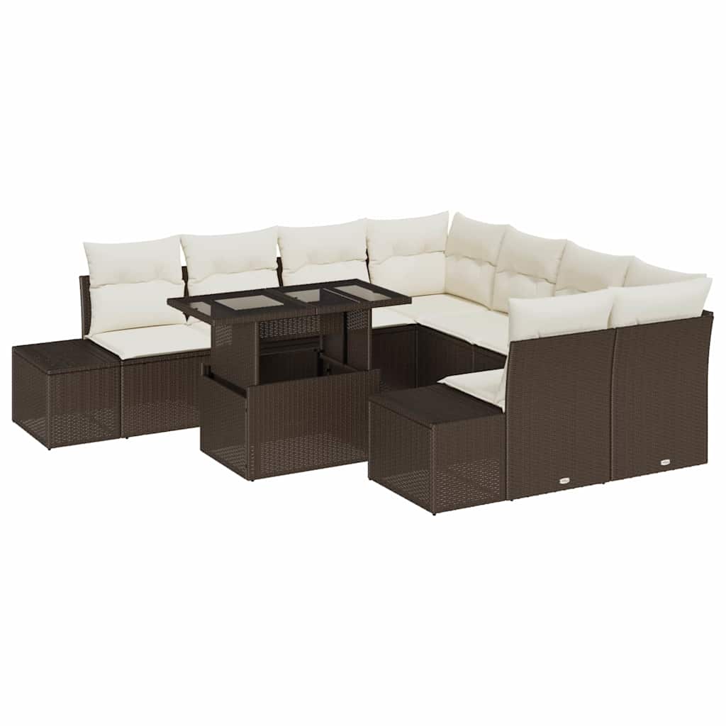 Havesofa Sæt med pude 9 pcs Brun og Creme polyrattan