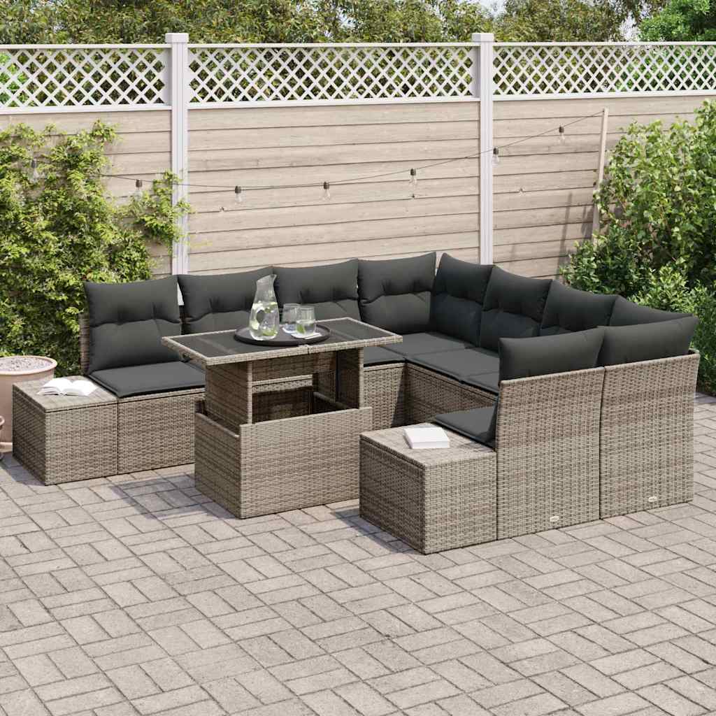 Havesofa Sæt med pude med opbevaring 9 pcs Grå polyrattan