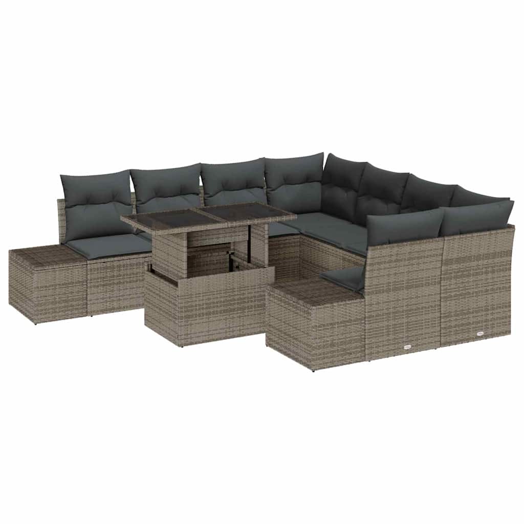 Havesofa Sæt med pude med opbevaring 9 pcs Grå polyrattan