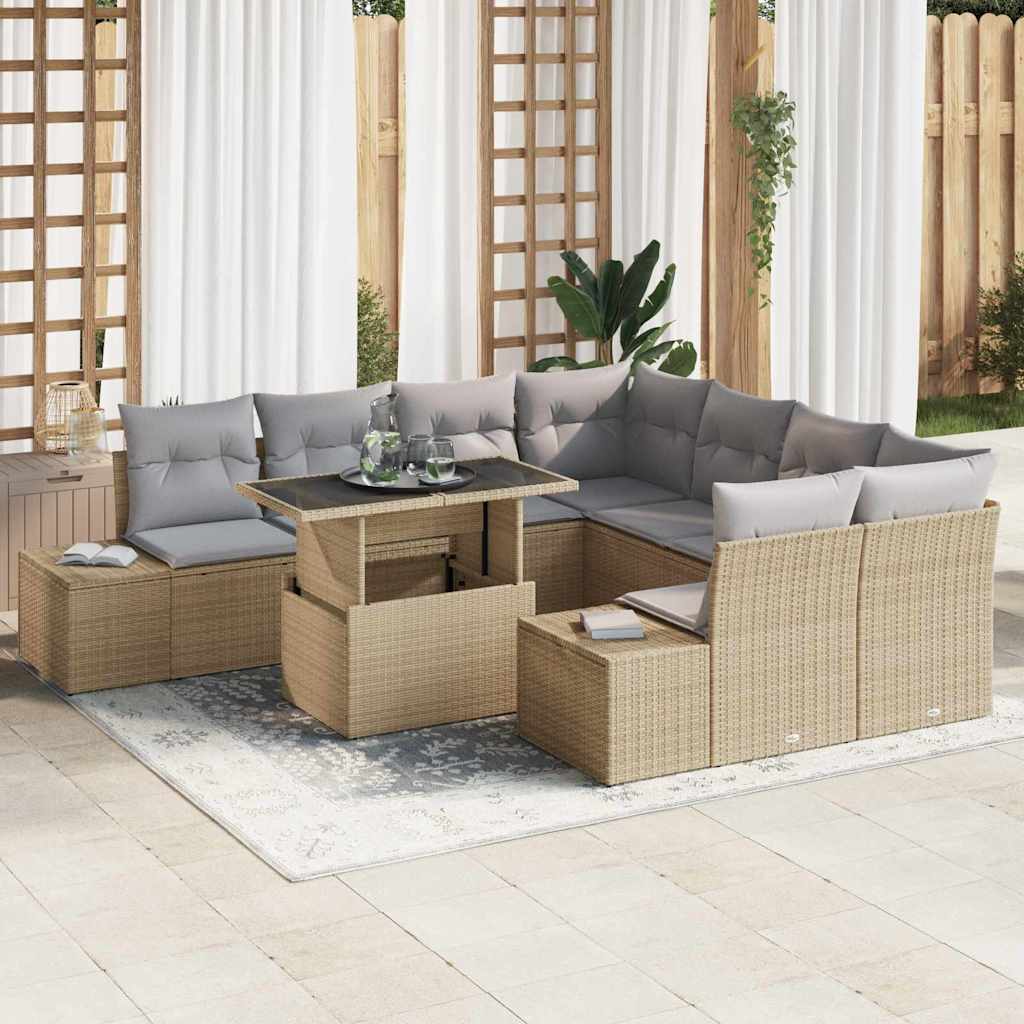 Havesofa Sæt med pude 9 pcs Beige og lys grå polyrattan