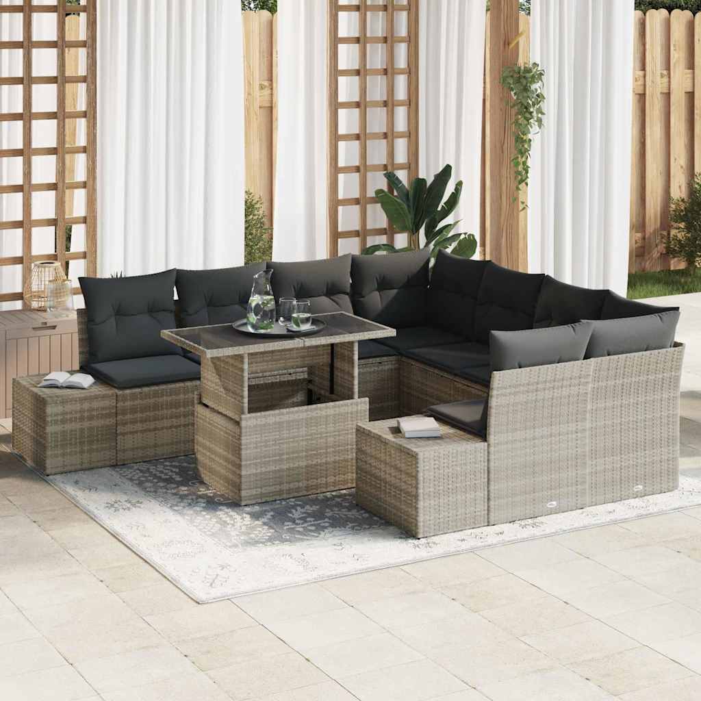 Havesofa Sæt med pude 9 pcs Lysegrå og mørkegrå polyrattan