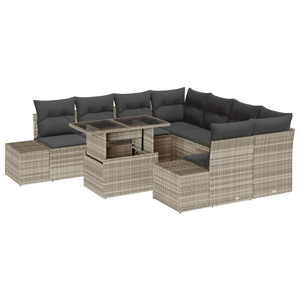 Havesofa Sæt med pude 9 pcs Lysegrå og mørkegrå polyrattan