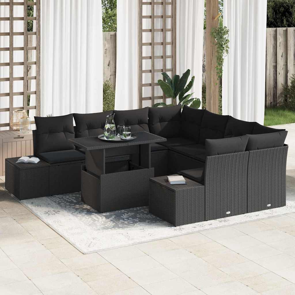 Havesofa Sæt med pude med opbevaring 9 pcs Sort polyrattan