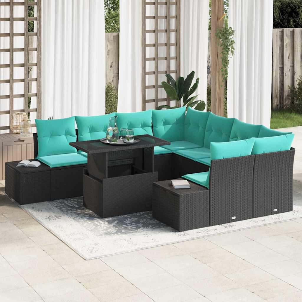 Havesofa Sæt 9 stk. Sort polyrattan