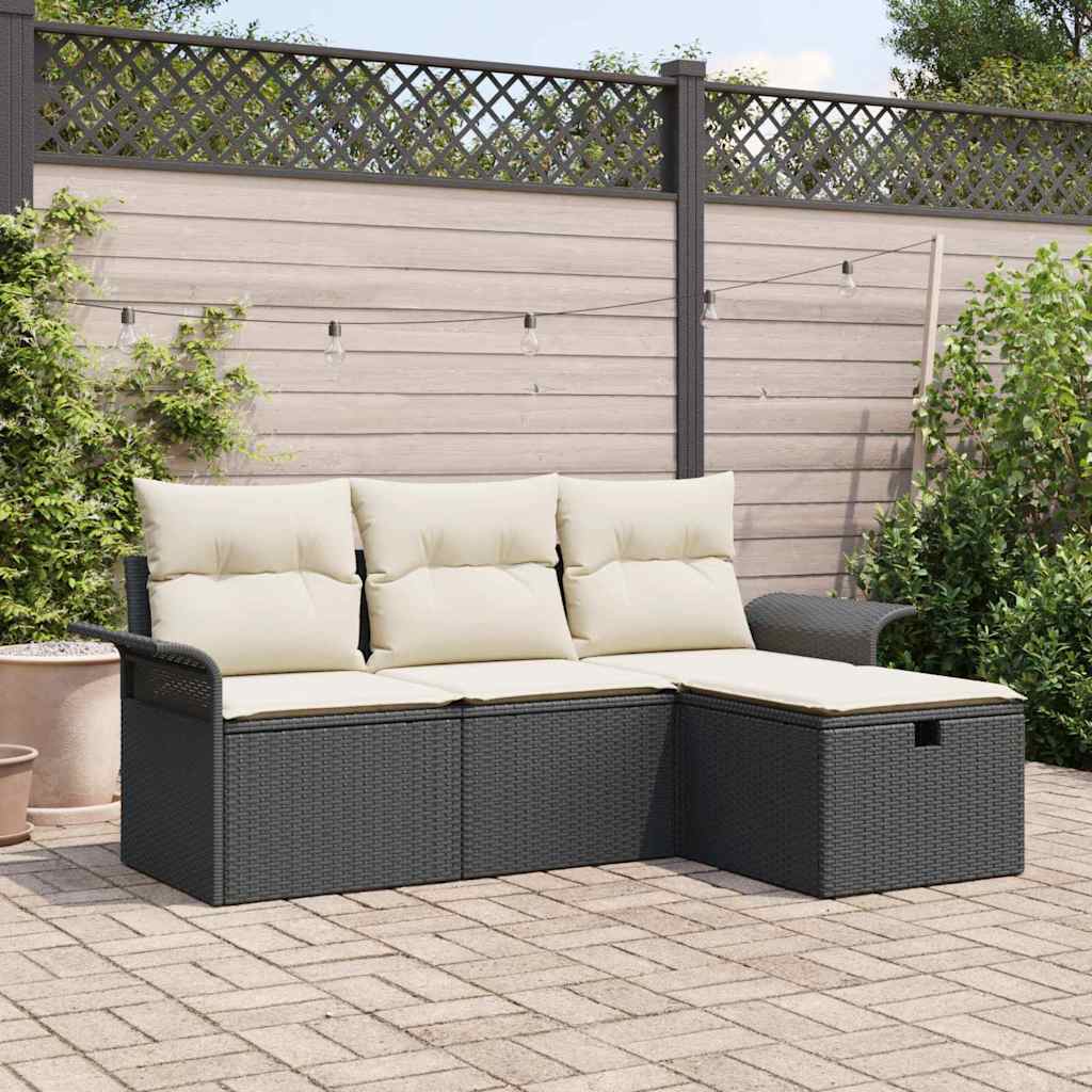 Havesofa Sæt med pude 4 pcs Sort og cremefarvet Poly rattan