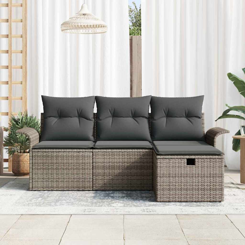 Havesofa Sæt med pude med opbevaring 4 pcs Grå polyrattan
