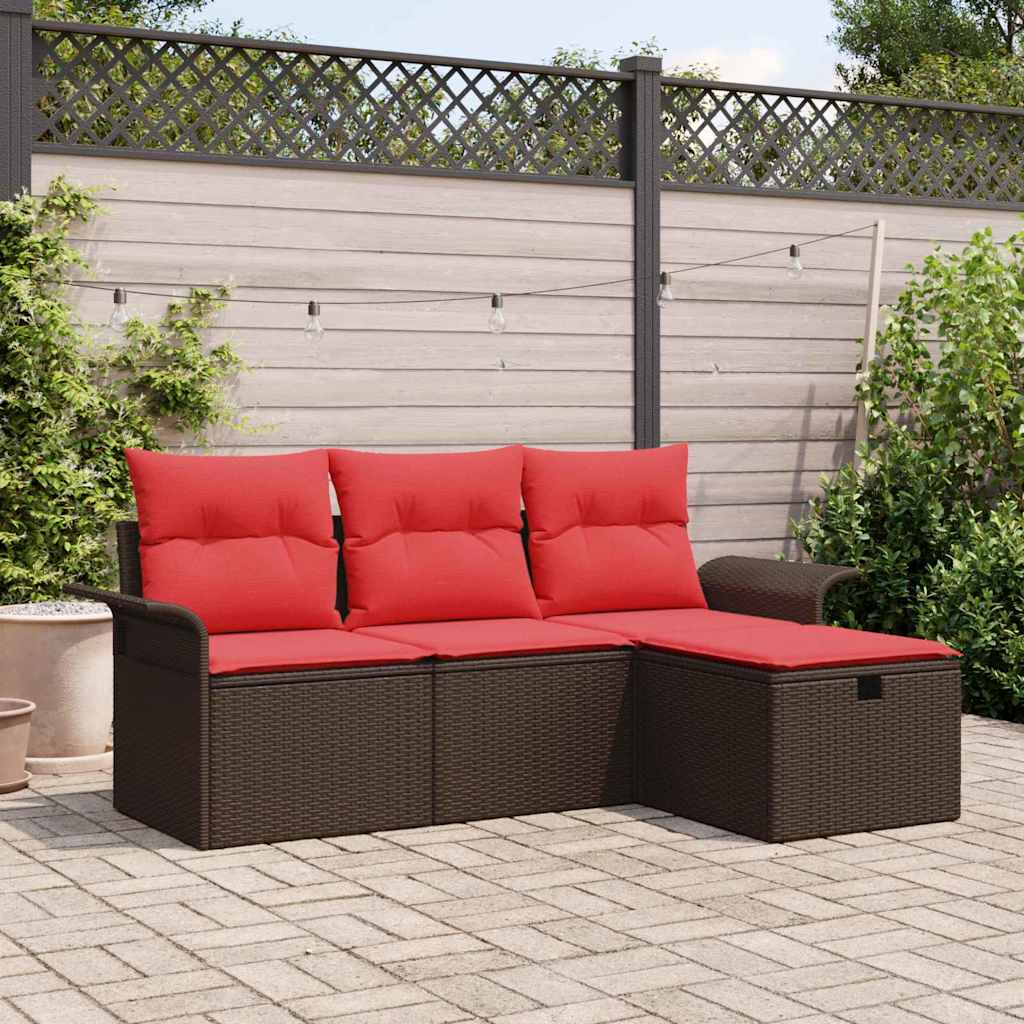 Havesofa Sæt med pude 4 pcs Brun og Rød polyrattan