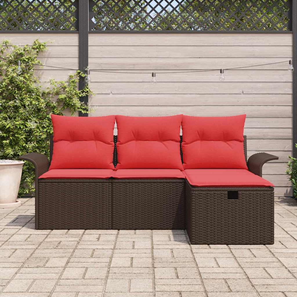 Havesofa Sæt med pude 4 pcs Brun og Rød polyrattan