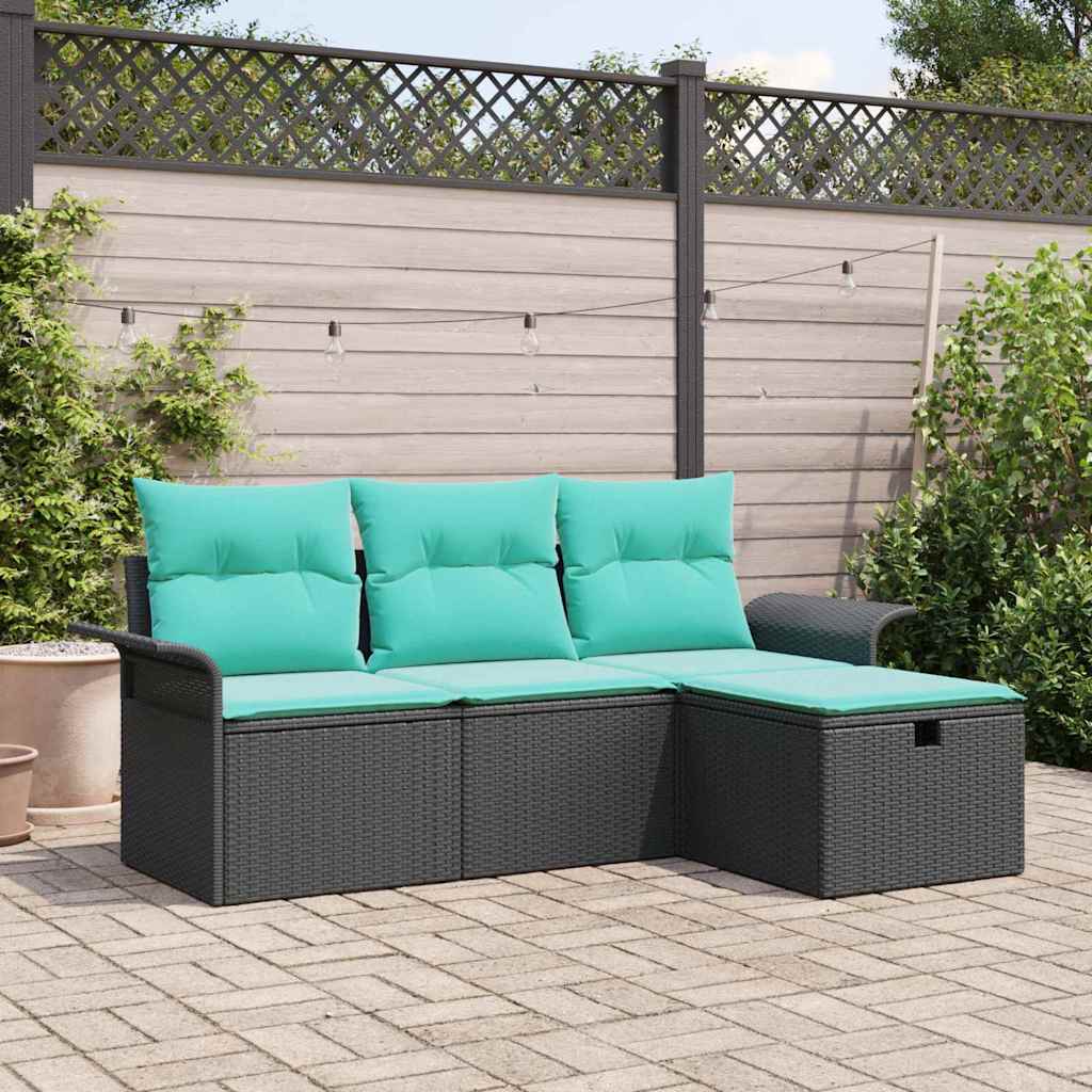 Havesofa Sæt med pude 4 pcs Sort og turkis polyrattan