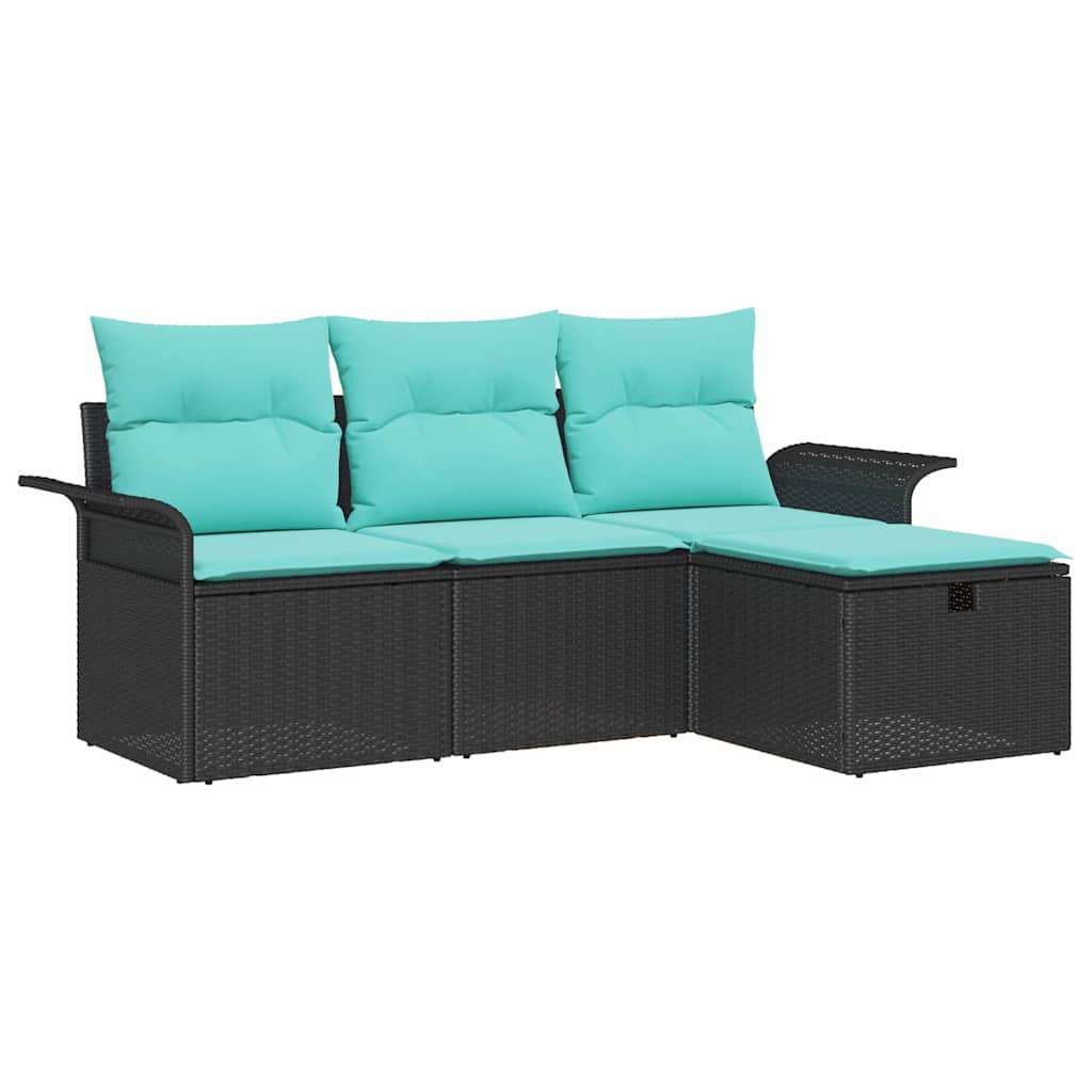Havesofa Sæt med pude 4 pcs Sort og turkis polyrattan