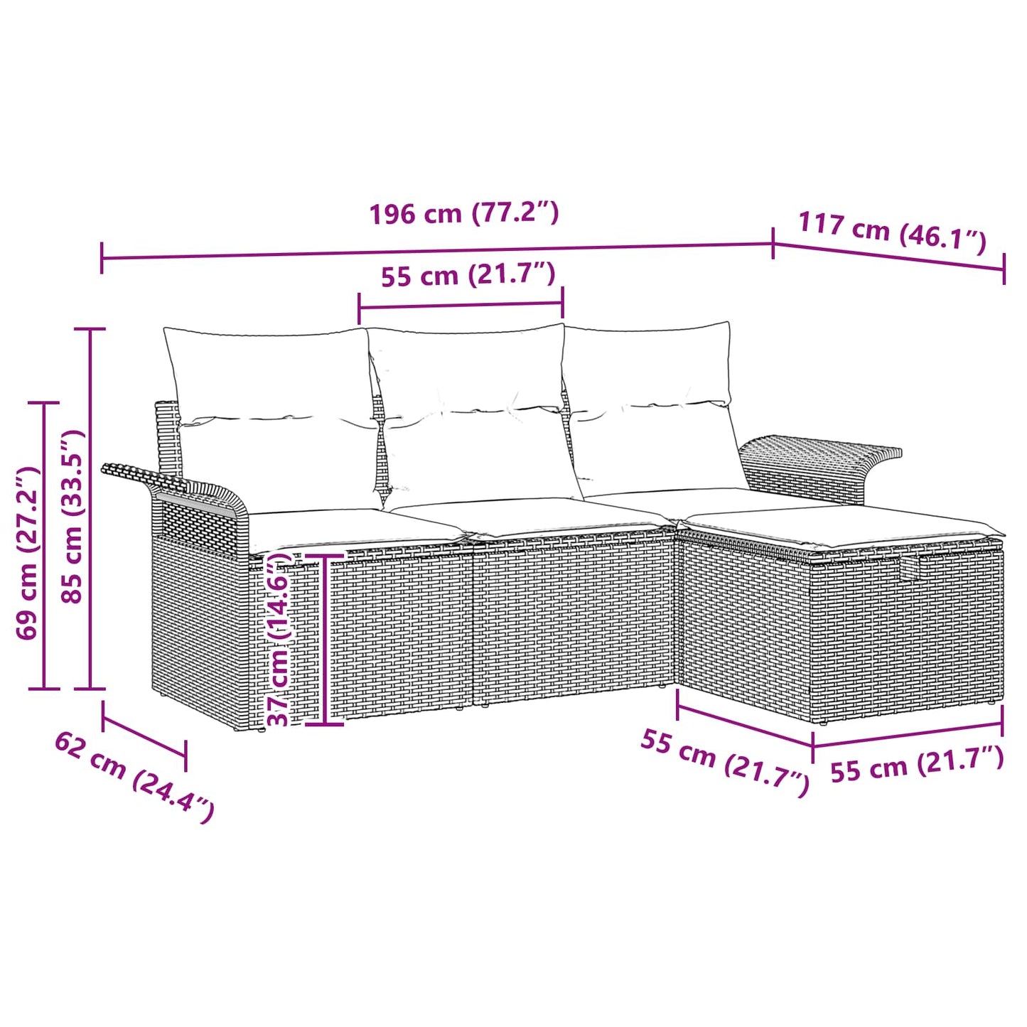 Havesofa Sæt med pude 4 pcs Sort og turkis polyrattan