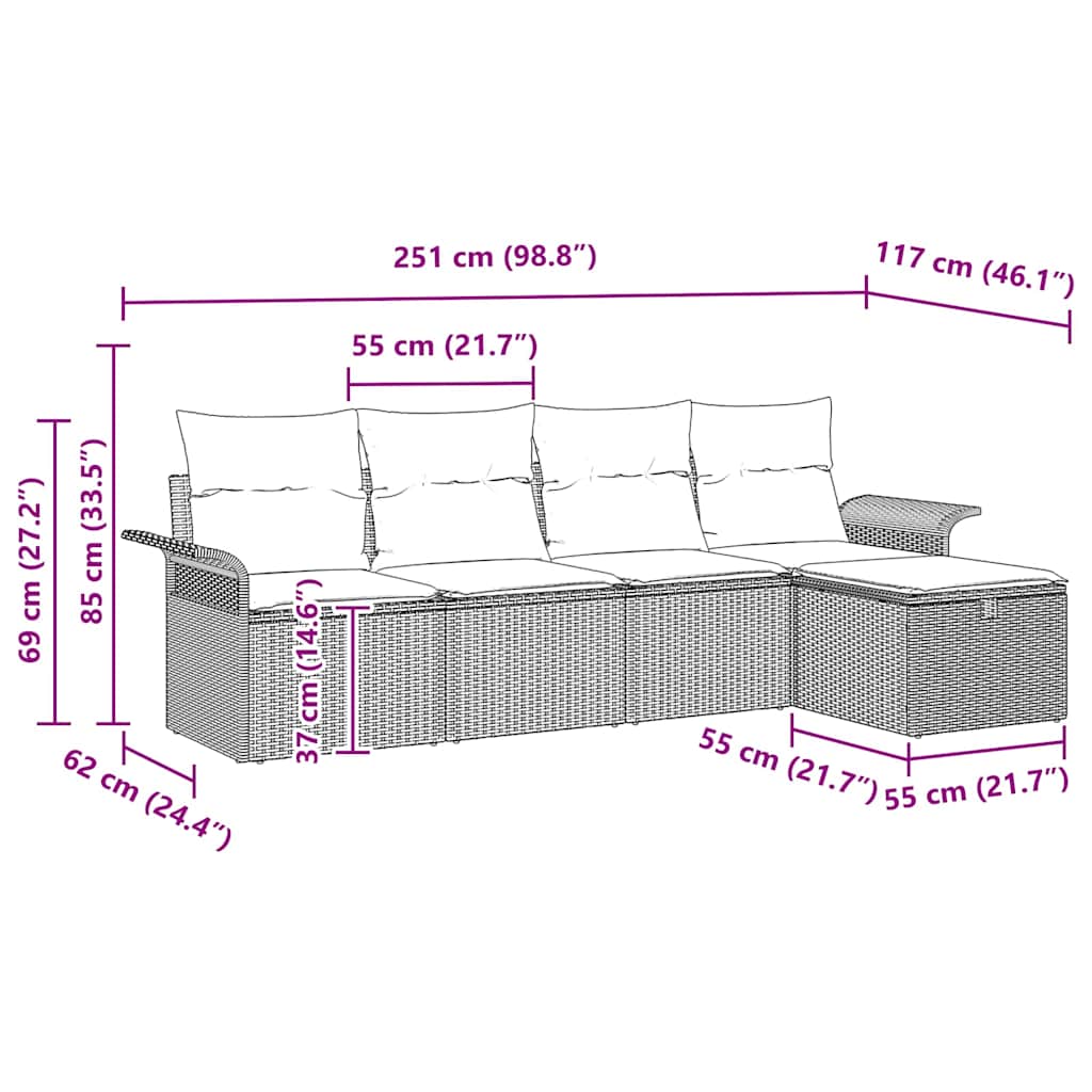 Havesofa Sæt med pude 5 pcs Sort og Cream polyrattan